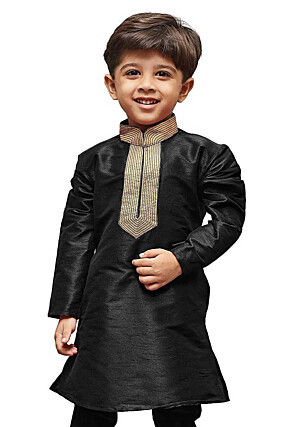 Embroidered Dupion Silk Kurta in Black