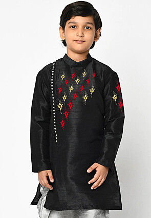 Embroidered Dupion Silk Kurta in Black