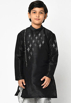 Embroidered Dupion Silk Kurta in Black