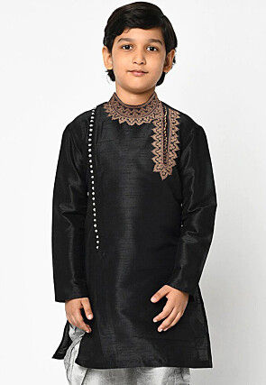 Embroidered Dupion Silk Kurta in Black