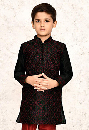 Embroidered Dupion Silk Kurta in Black