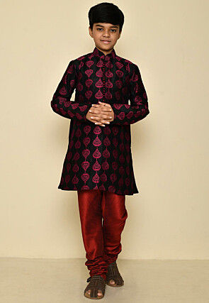 Embroidered Dupion Silk Kurta in Black