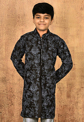 Embroidered Dupion Silk Kurta in Black