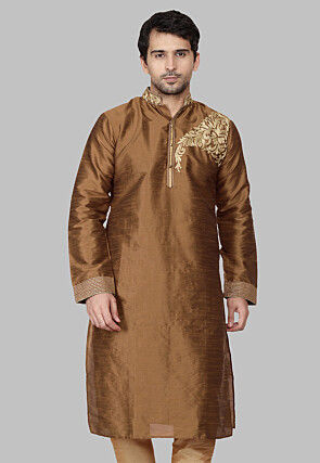 Embroidered Dupion Silk Kurta in Brown