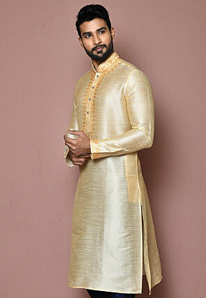 Embroidered Dupion Silk Kurta in Cream