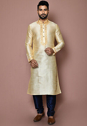 Embroidered Dupion Silk Kurta in Cream
