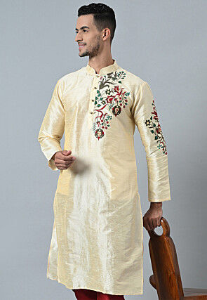 Embroidered Dupion Silk Kurta in Cream