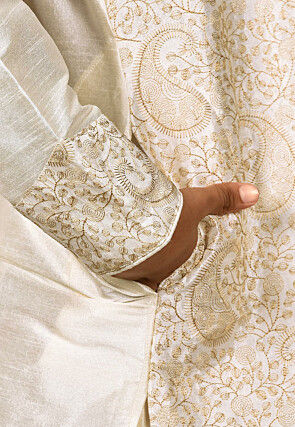 Embroidered Dupion Silk Kurta in Cream