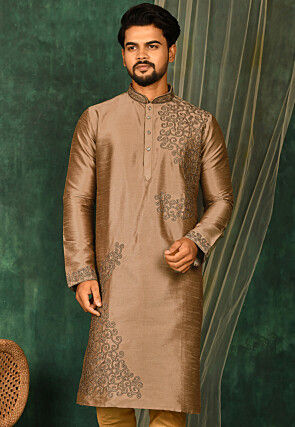 Embroidered Dupion Silk Kurta in Dark Beige