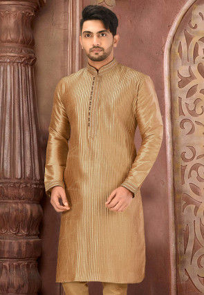 Embroidered Dupion Silk Kurta in Dark Beige