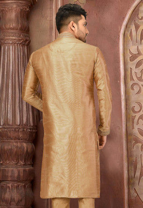Embroidered Dupion Silk Kurta in Dark Beige