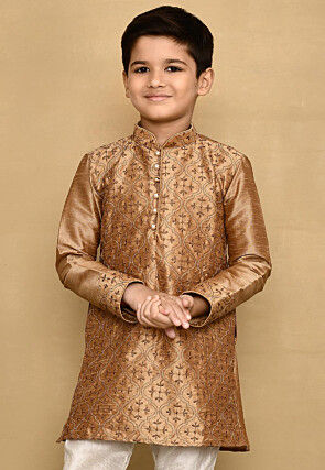 Embroidered Dupion Silk Kurta in Dark Beige