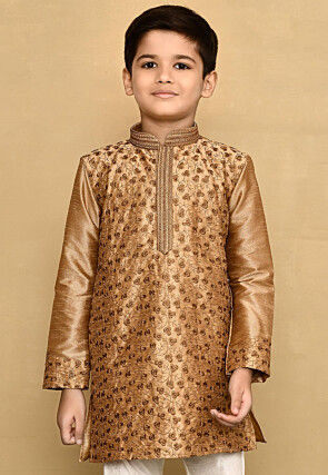 Embroidered Dupion Silk Kurta in Dark Beige