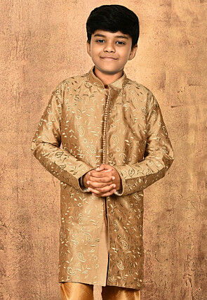Embroidered Dupion Silk Kurta in Dark Beige