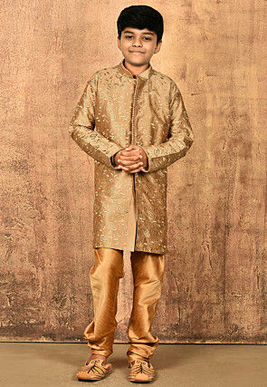 Embroidered Dupion Silk Kurta in Dark Beige