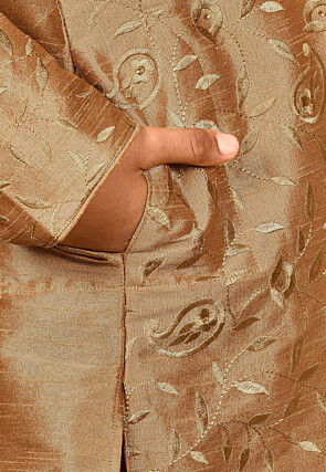 Embroidered Dupion Silk Kurta in Dark Beige