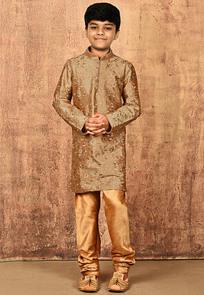 Embroidered Dupion Silk Kurta in Dark Beige