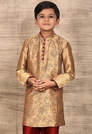 Embroidered Dupion Silk Kurta in Dark Beige