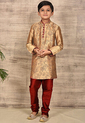 Embroidered Dupion Silk Kurta in Dark Beige