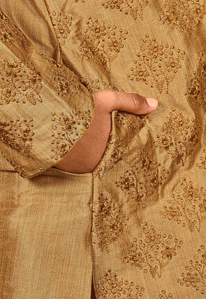 Embroidered Dupion Silk Kurta in Dark Beige