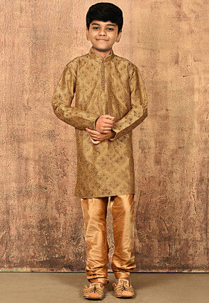 Embroidered Dupion Silk Kurta in Dark Beige