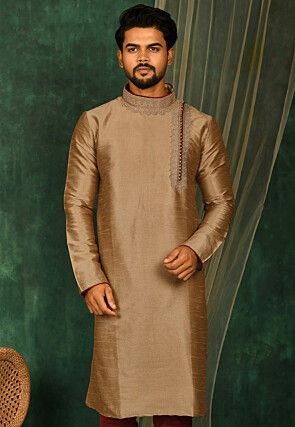 Embroidered Dupion Silk Kurta in Dark Beige