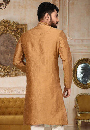 Embroidered Dupion Silk Kurta in Dark Brown