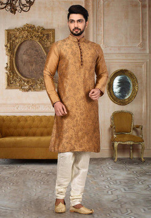 Embroidered Dupion Silk Kurta in Dark Brown