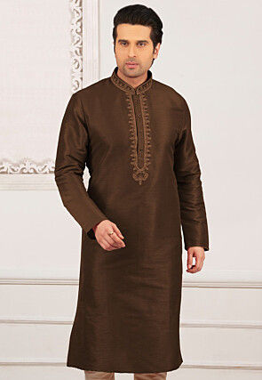 Embroidered Dupion Silk Kurta in Dark Brown
