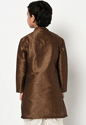 Embroidered Dupion Silk Kurta in Dark Brown