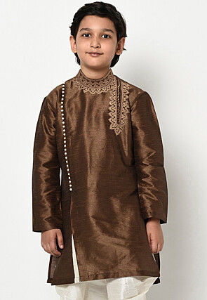 Embroidered Dupion Silk Kurta in Dark Brown