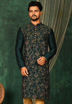 Embroidered Dupion Silk Kurta in Dark Green