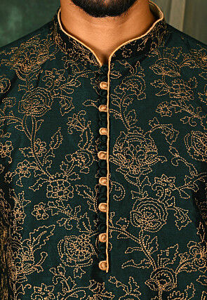 Embroidered Dupion Silk Kurta in Dark Green