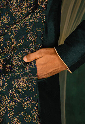 Embroidered Dupion Silk Kurta in Dark Green