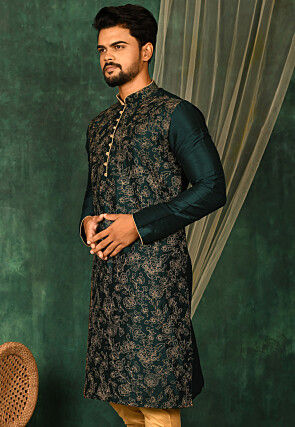 Embroidered Dupion Silk Kurta in Dark Green