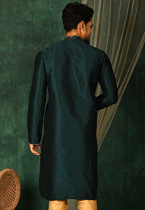 Embroidered Dupion Silk Kurta in Dark Green