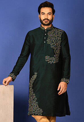 Embroidered Dupion Silk Kurta in Dark Green