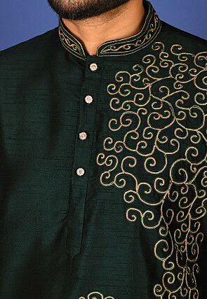 Embroidered Dupion Silk Kurta in Dark Green