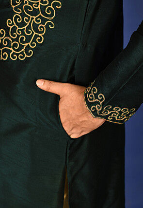 Embroidered Dupion Silk Kurta in Dark Green