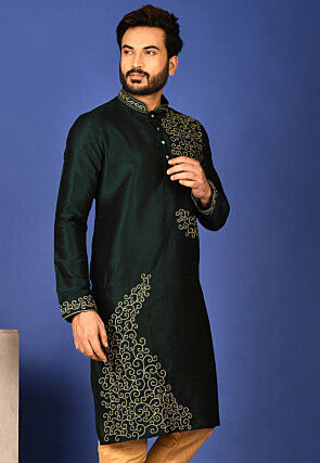 Embroidered Dupion Silk Kurta in Dark Green