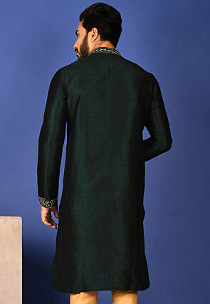 Embroidered Dupion Silk Kurta in Dark Green