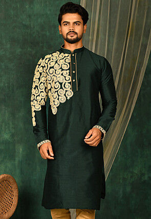 Embroidered Dupion Silk Kurta in Dark Green