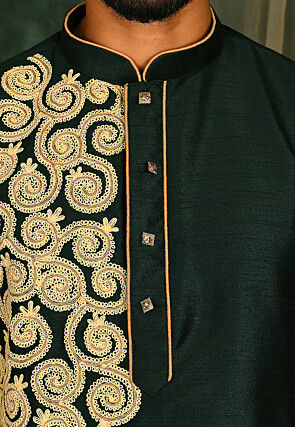 Embroidered Dupion Silk Kurta in Dark Green