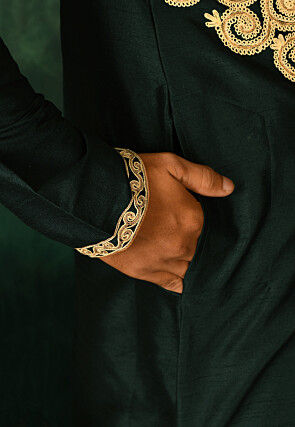 Embroidered Dupion Silk Kurta in Dark Green