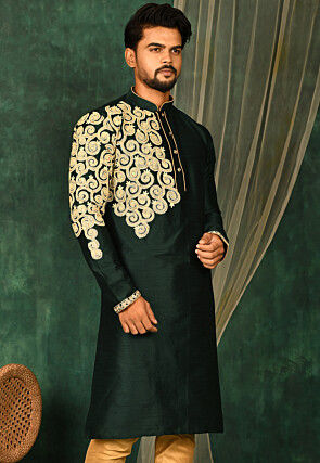 Embroidered Dupion Silk Kurta in Dark Green