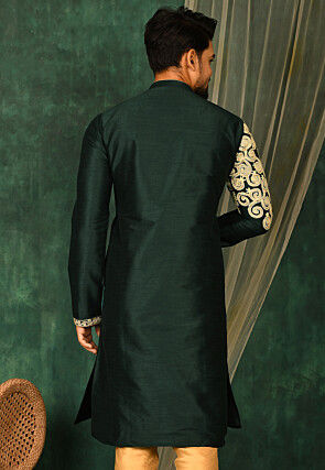 Embroidered Dupion Silk Kurta in Dark Green