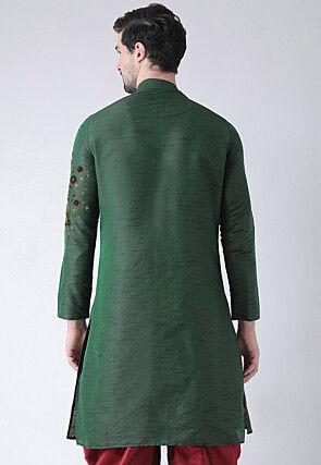 Embroidered Dupion Silk Kurta in Dark Green