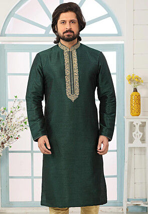 Embroidered Dupion Silk Kurta in Dark Green