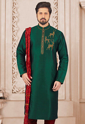 Embroidered Dupion Silk Kurta in Dark Green