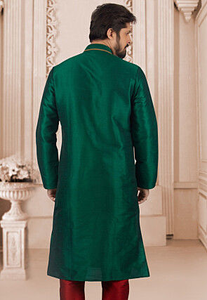 Embroidered Dupion Silk Kurta in Dark Green